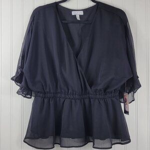 Sofia Vergara Black Faux Wrap Peplum top, Polyester, Women's Large